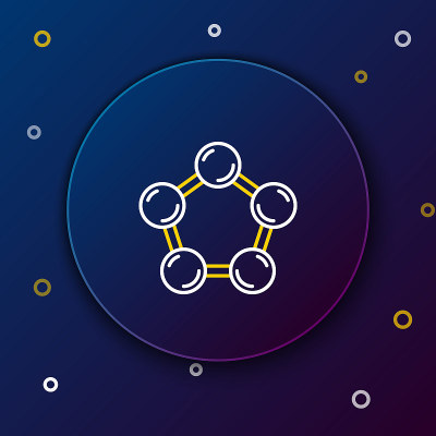 线分子图标孤立在蓝色背景。化学分子结构，科学教师创新教育海报。色彩斑斓的轮廓的概念。向量
