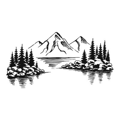 山与松树和湖泊景观黑在白色的背景。手绘岩石山峰在素描风格。矢量插图。