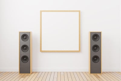 空框架模型为一个方形形状的绘画。在一个最小的室内音乐扬声器的背景下的空白图片。3 d渲染。