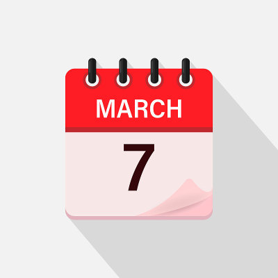 3月7日，日历图标带有阴影。日、月。平面向量插图。