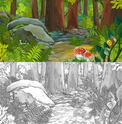 卡通场景与素描与友好快乐的动物在森林插图