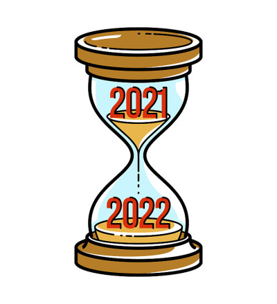沙漏砂手表与2021年和2022年的数字矢量插图分离，新的一年即将到来的概念。