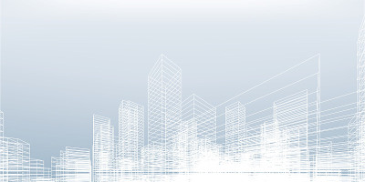 抽象线框城市背景。透视3D渲染建筑线框。