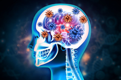 人类大脑和病毒细胞在数字蓝色背景下。未来性脑感染脑膜炎。三维演示