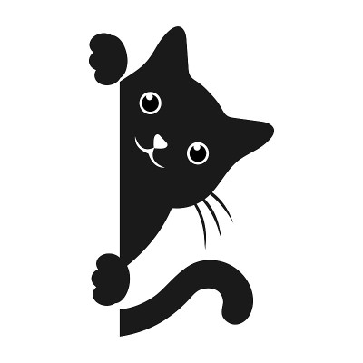 一张可爱的黑猫的插图，在一个白色的背景上从角落里看出去