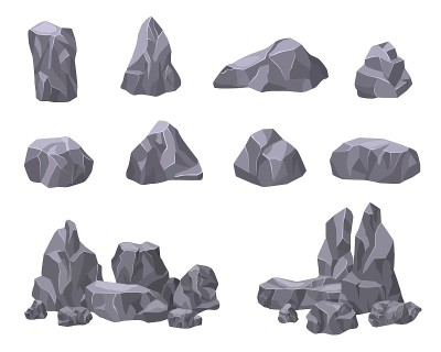 卡通天然石头。石桩、石3d元素。孤立的碎卵石，巨大的卵石。灰色破碎的山和砾石，准确的向量收集