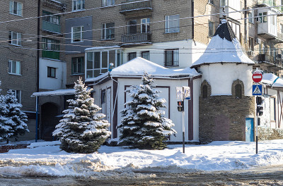 建筑背景上覆盖着厚厚的积雪的绿色冷杉树