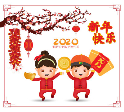 2020年中国新年——鼠年的横幅设计。可爱的卡通中国孩子和老鼠与灯笼和梅花树与春天的背景。Chine