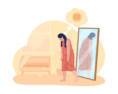 超重悲伤少女2D矢量孤立插图
