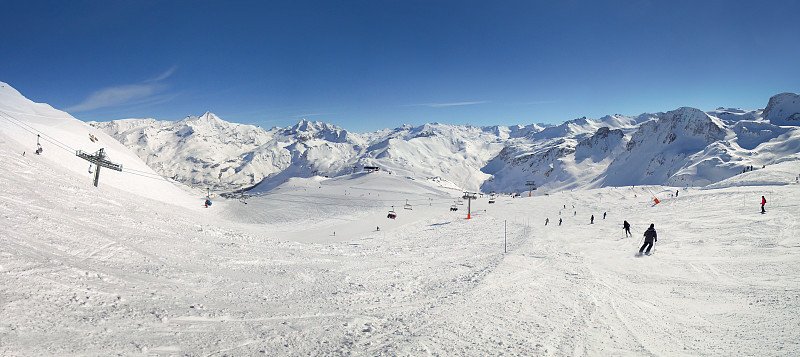 全景滑雪斜坡Tignes，滑雪胜地在阿尔卑斯山，法国