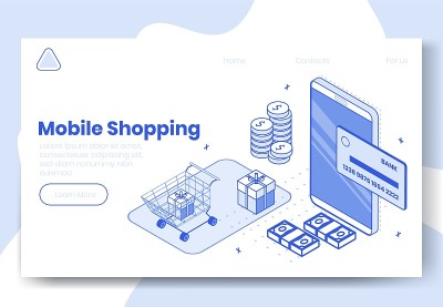 数字等距设计概念集移动购物app 3d图标。等距金融业务标志-手机，信用卡，包装盒，现金登陆页面横幅
