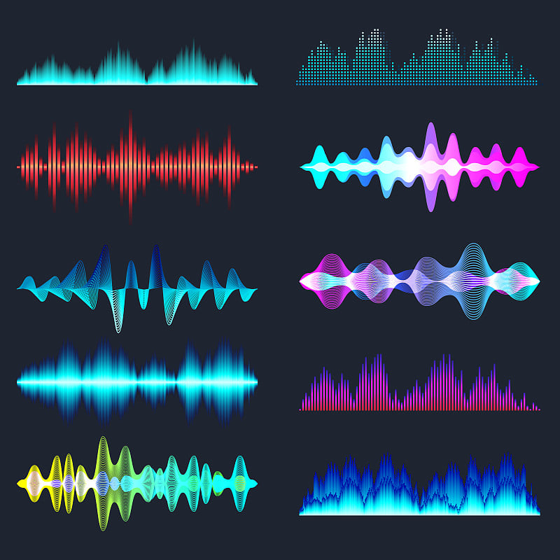 彩色声波收集。模拟和数字音频信号。音乐均衡器。干扰录音。高频无线电波。矢量图