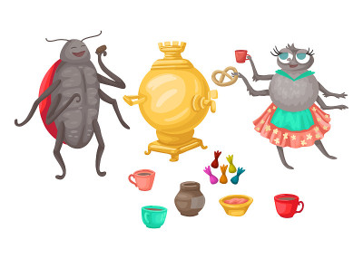Ladybug and fly drinking tea with pancakes. Vector