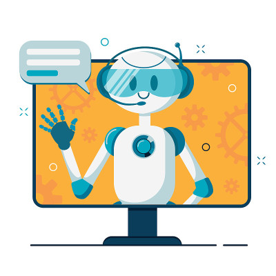 Smiling chat bot character robot helping solve a p