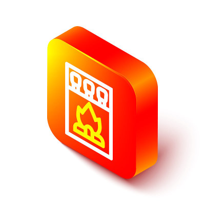 等距线打开火柴盒和火柴图标孤立在白色背景。橙色平方按钮。向量