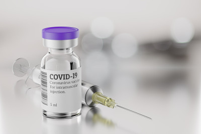 COVID-19疫苗瓶和注射器，灰色背景。3 d渲染插图。