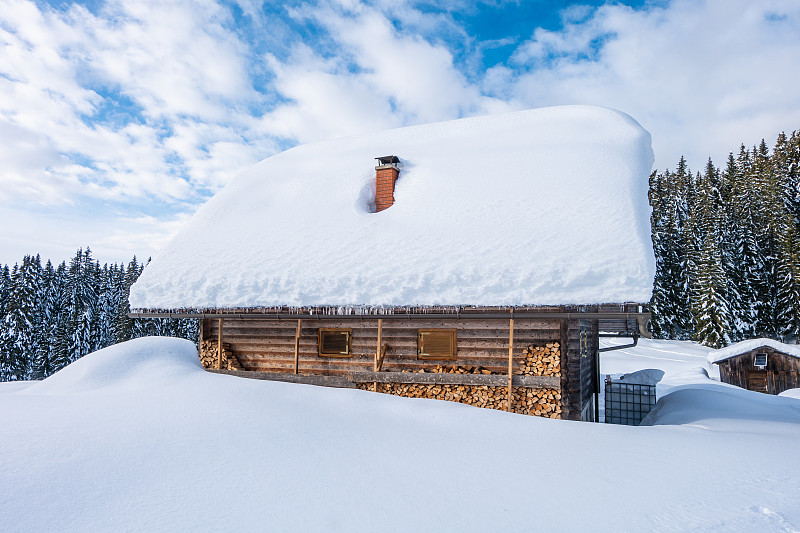 雪山草甸上的山间小屋