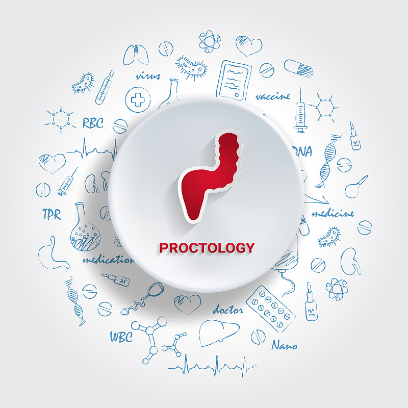医学专业的图标。直肠病学概念。矢量插图与手绘医学涂鸦