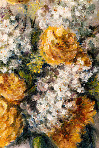 菊花和紫丁香花油画特写