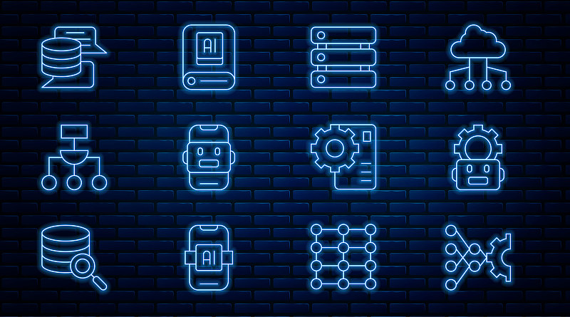 设置线神经网络、机器人设置、服务器、数据、聊天、算法、人工智能图标。向量