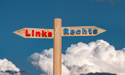 在多云的背景下，街道标志显示了左和右的方向。木板上的Links(左)和Rechts(右)两个字，象征