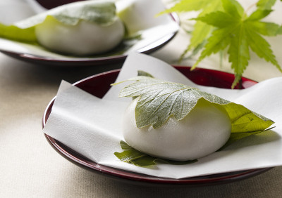 放在绿色背景上的Kashiwa Mochi(年糕)。