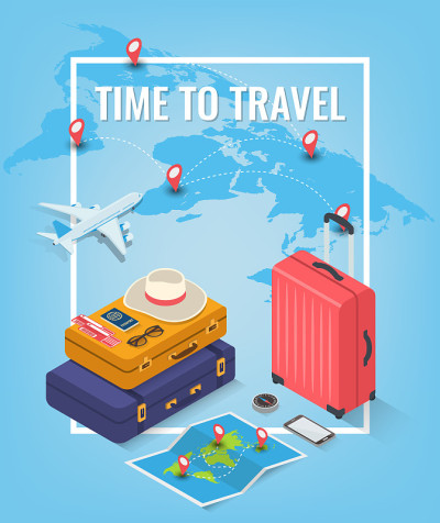 旅行设备在等距风格。旅游和旅游概念。向量
