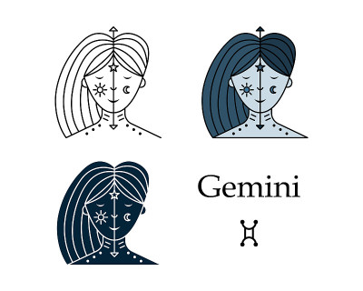 十二宫双子矢量图。线条艺术，简约风格。占星术。