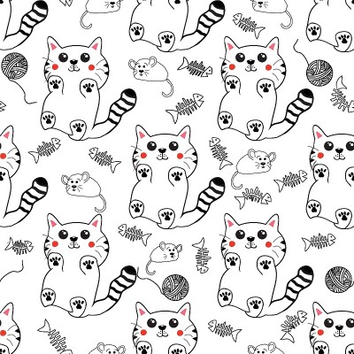 可爱的猫手绘无缝图案背景。