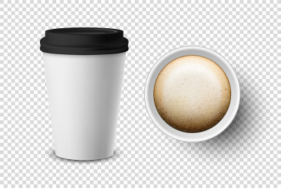 矢量3d现实一次性打开的纸，塑料咖啡杯的饮料图标设置特写孤立在透明的背景。设计模板模型。顶视图和前视