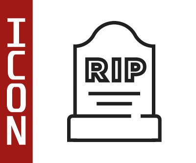 黑色线条墓碑上写着RIP，图标孤立在白色背景上。严重的图标。向量