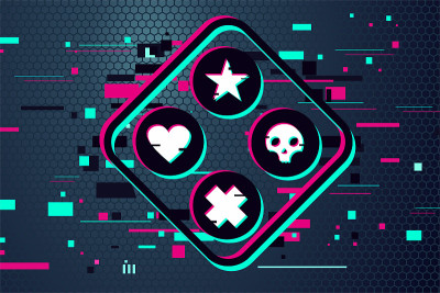 Game team emblem. Glitch style vector background. 