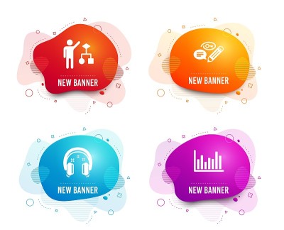 Keywords, Algorithm and Headphones icons. Bar diag