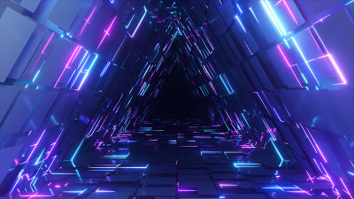 摘要霓虹灯三角隧道技术。无尽的动画背景。现代的霓虹灯。明亮的霓虹灯。无缝循环3d渲染