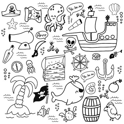 插图套涂鸦海盗bundle。可爱的涂鸦海盗包，船，鲸鱼，岛屿，章鱼，胸部。