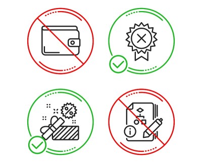 拒绝奖章，销售和金钱钱包图标设置。算法的信号。奖项拒绝，礼盒，付款方式。向量