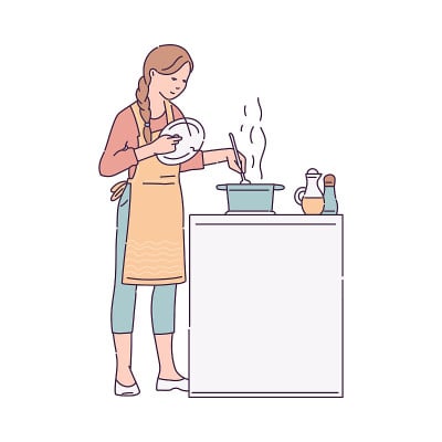 在炉子上煮汤的女人——穿着围裙的卡通女厨师
