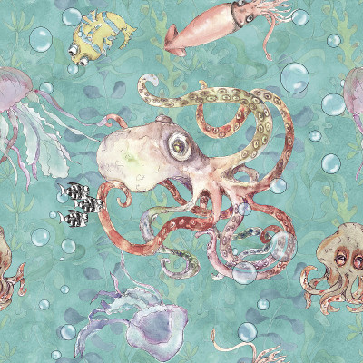 海底航海水彩印花装饰海洋生活复古风格无缝图案