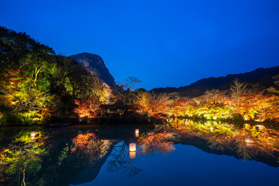 美丽的日本花园，名为mifuyama Rakuen在秋天的夜景枫叶和湖反射。