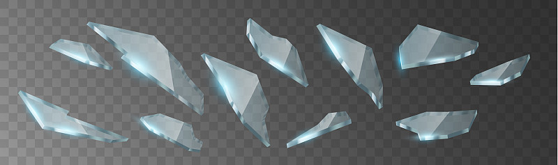 透明的碎玻璃碎片和裂缝。逼真的3d玻璃碎片