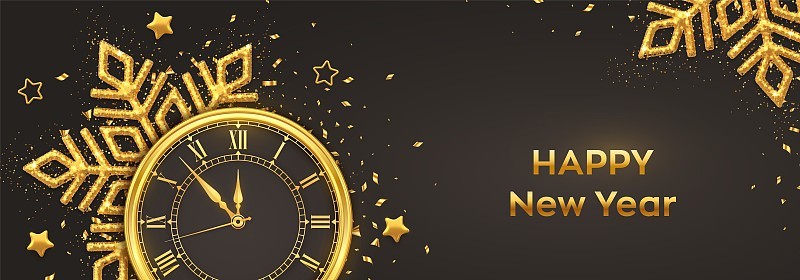 2021年新年快乐。金碧辉煌的罗马数字和倒计时午夜，除夕新年。背景与闪耀的雪花和星星。圣诞快乐。圣诞