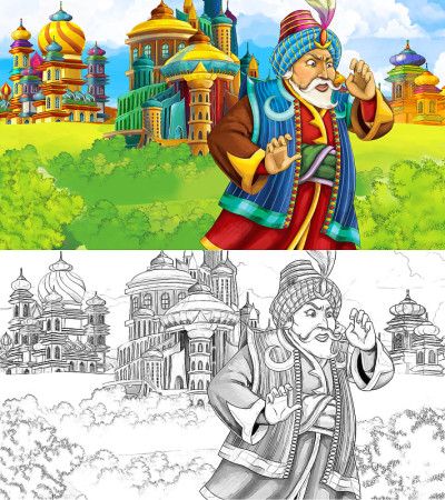 卡通素描场景与中世纪阿拉伯王国王子或国王旅行-远东饰品-不同用途的舞台-插图