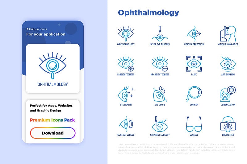眼科细线图标集:激光眼科手术，眼睛测试，眼药水，隐形眼镜，白内障，散光，光透视，自动屈光计，远视，近