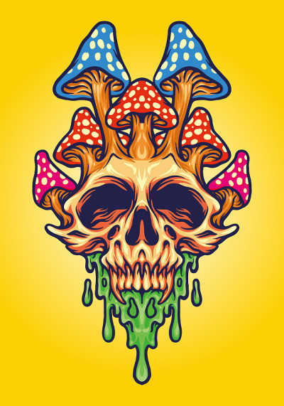 真菌头骨迷幻融化矢量插图