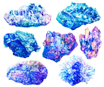 水彩晶体，矿物，石头，大理石孤立在白色背景上。可打印海报。生动明亮的物体插图。自然逼真的纹理。