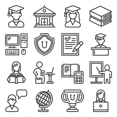学生大学教育图标设置在白色背景。线型向量