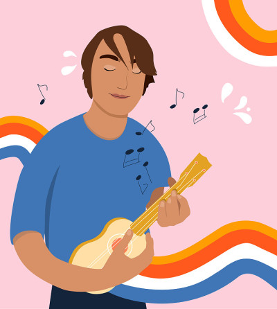 Young man is playing the ukulele. Musical notes an