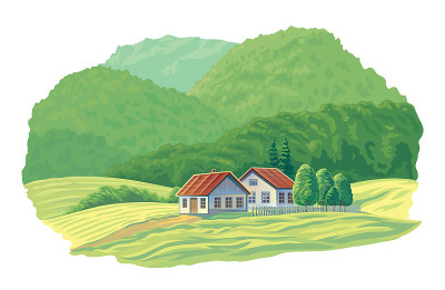 夏季乡村景观有两栋房子