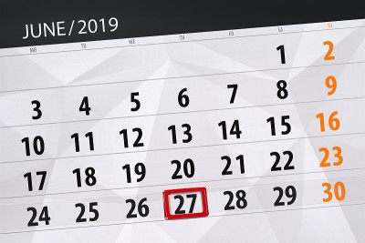 2019年6月的日历计划，截止日期，27日，周四