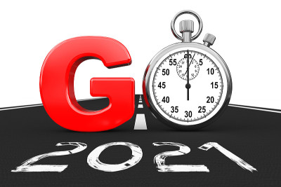新的2021年概念。秒表作为Go Sign over 2021 New Year Road. 3d渲